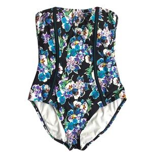 Kenneth Cole one piece swimsuit black blue floral strapless convertible medium